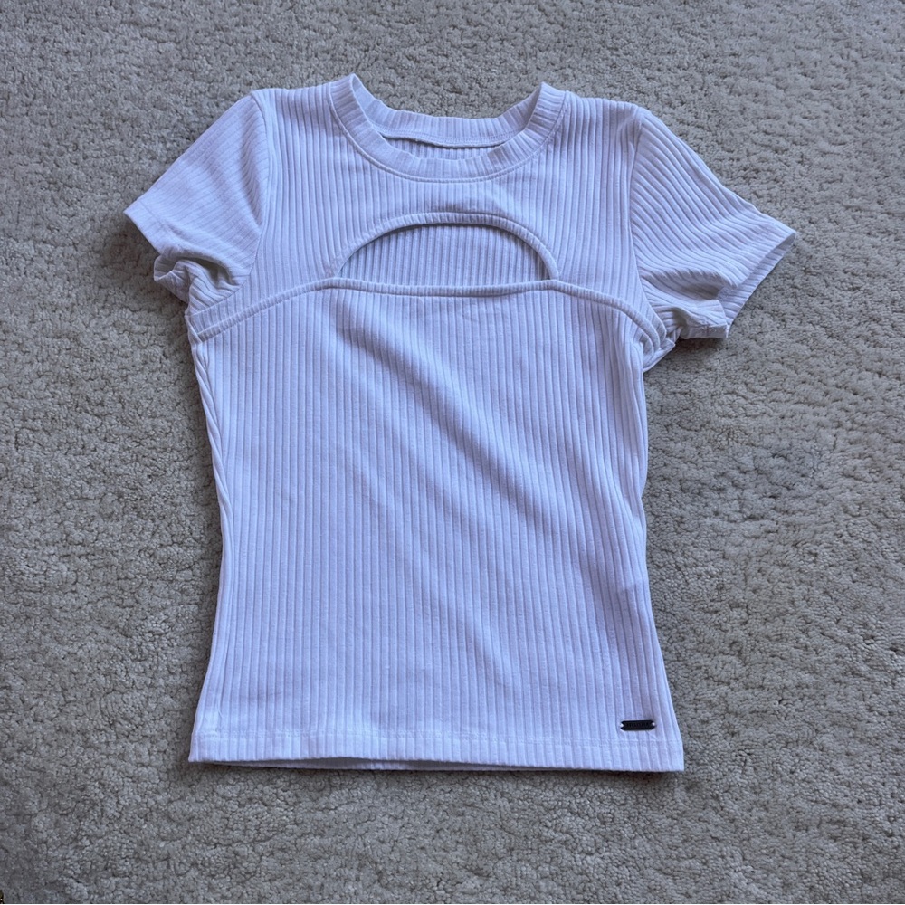White Ribbed Cutout Top